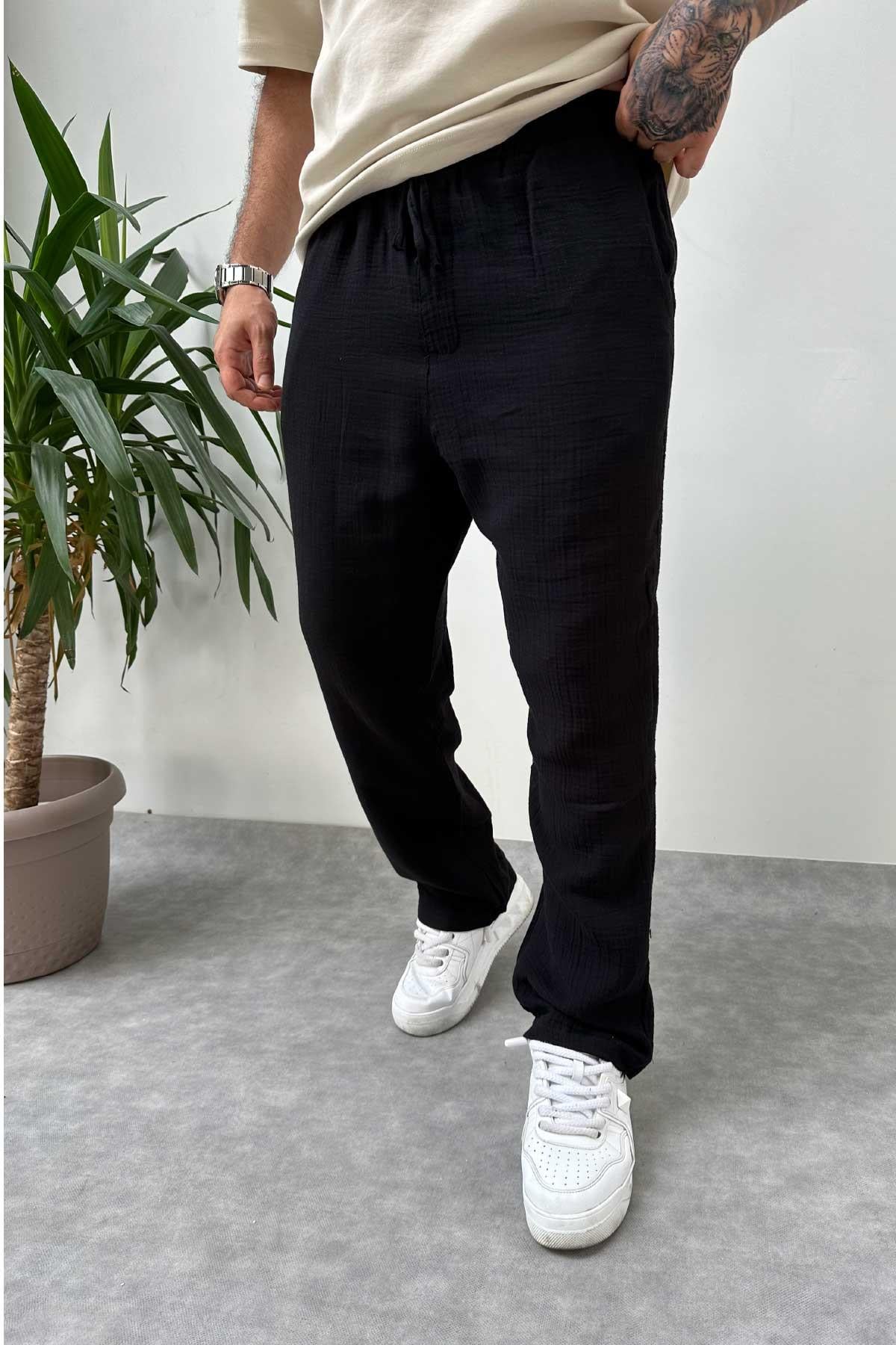Siyah Müslin Kumaş Baggy Pantolon