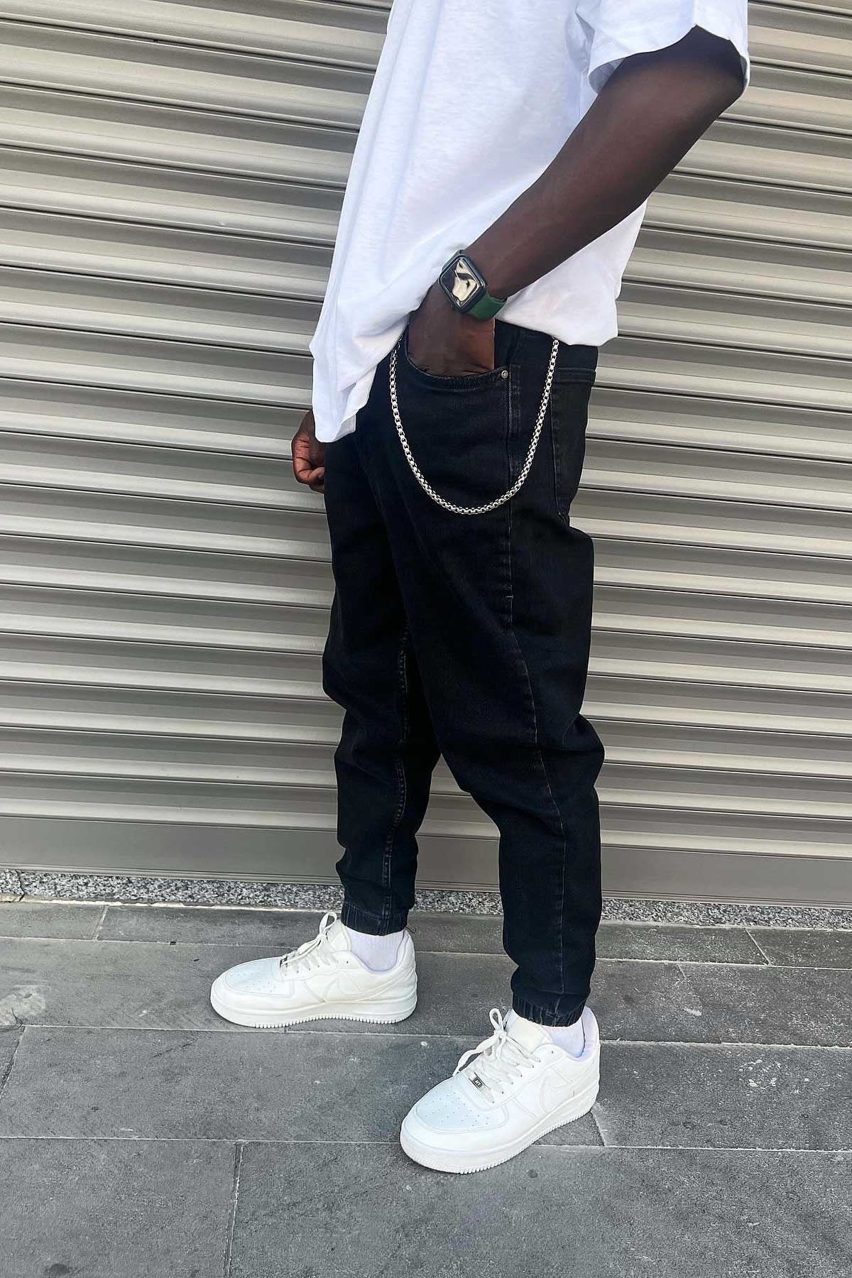 Siyah Paçası Lastikli Jean