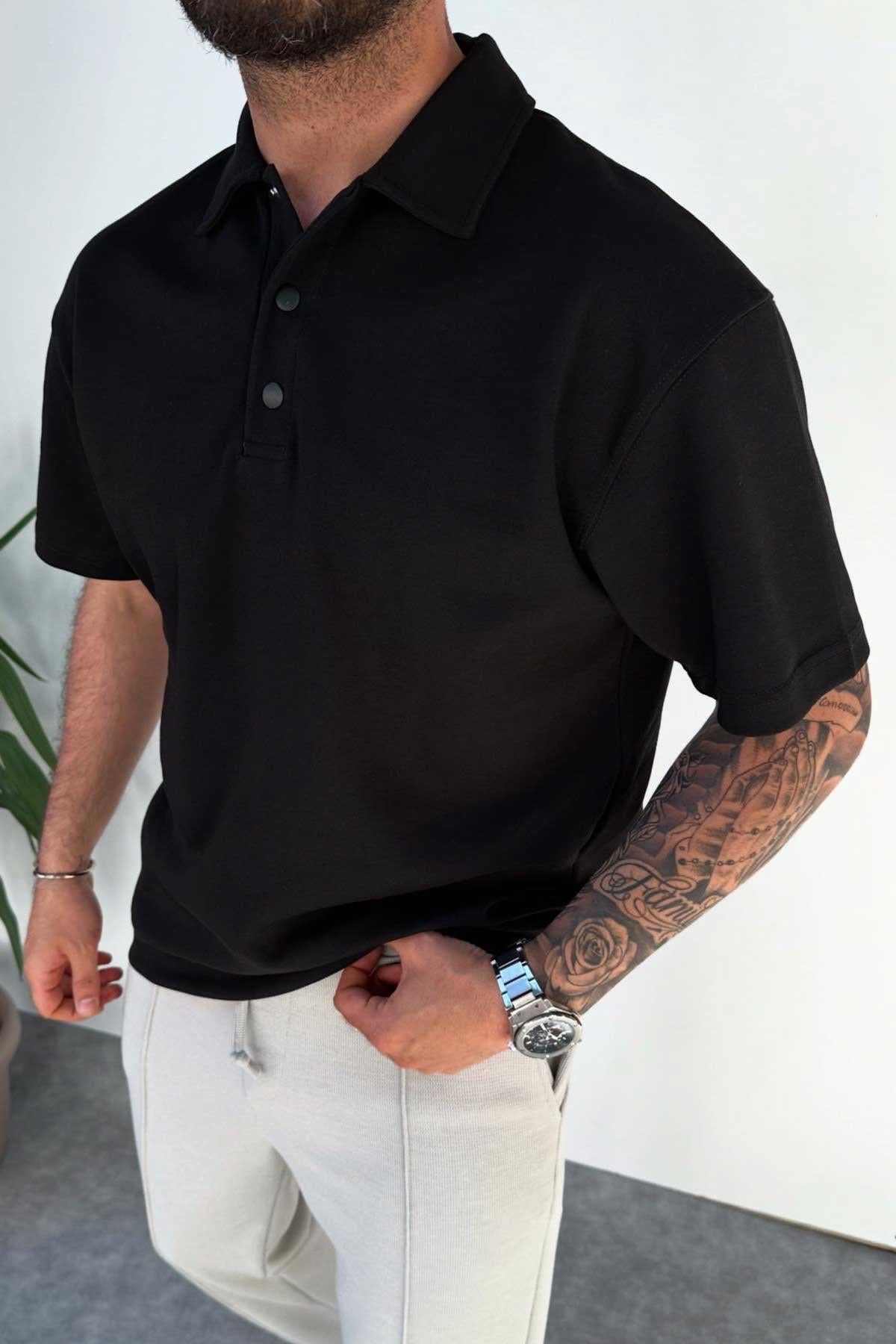 Siyah Polo Yaka Oversize T-Sirt