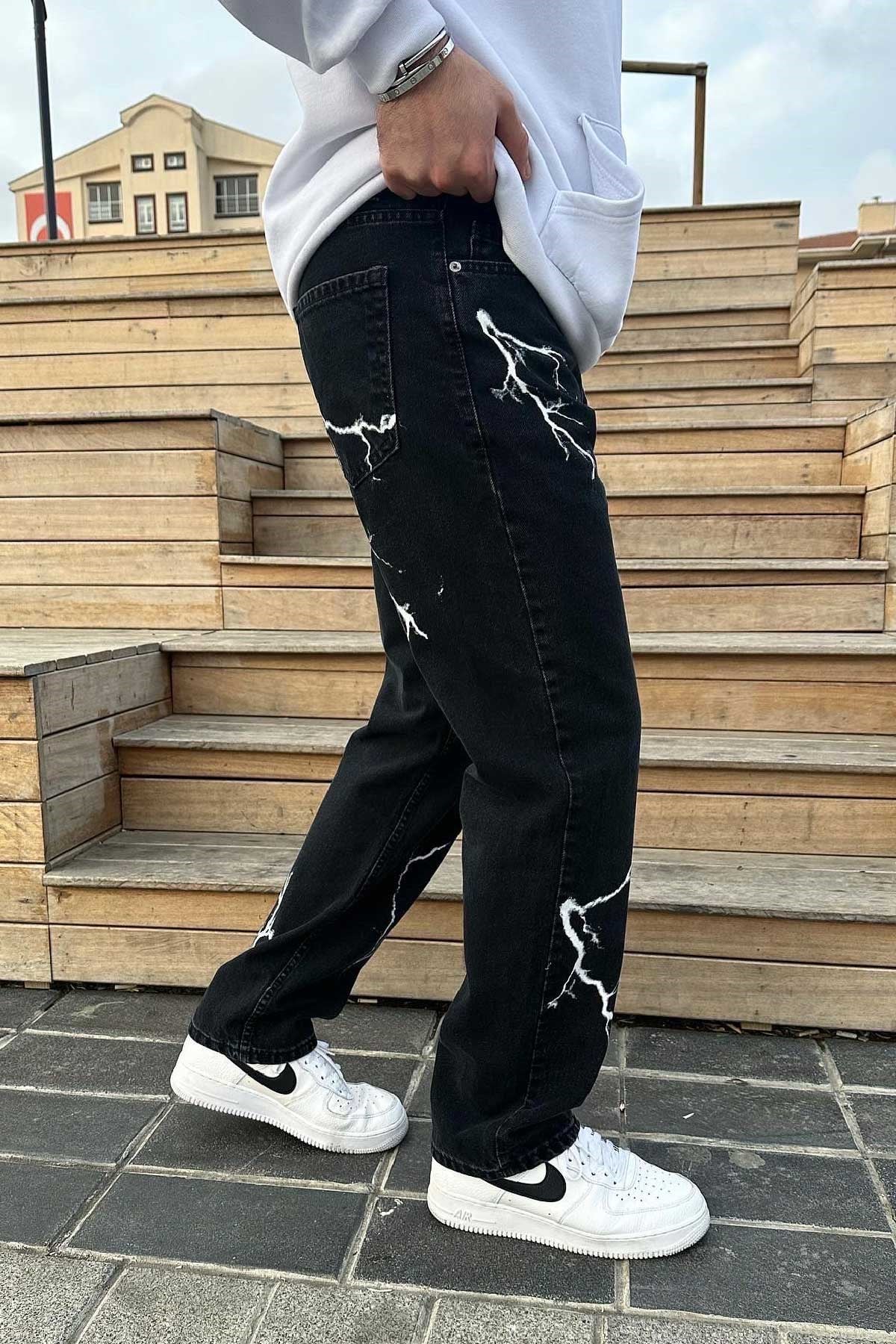Siyah Şimşek detaylı Baggy Jean