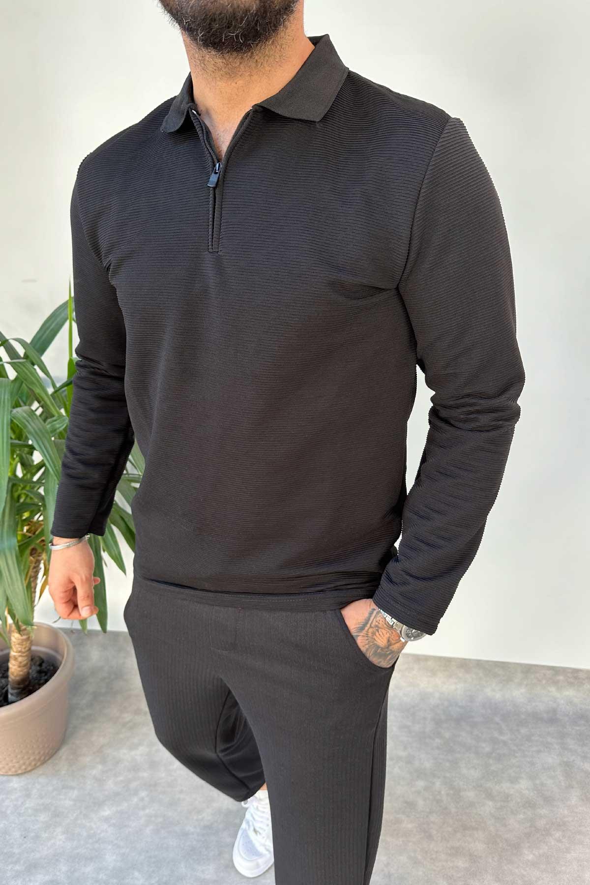 Siyah Yarım Fermuarlı Fiilli Sweatshirt