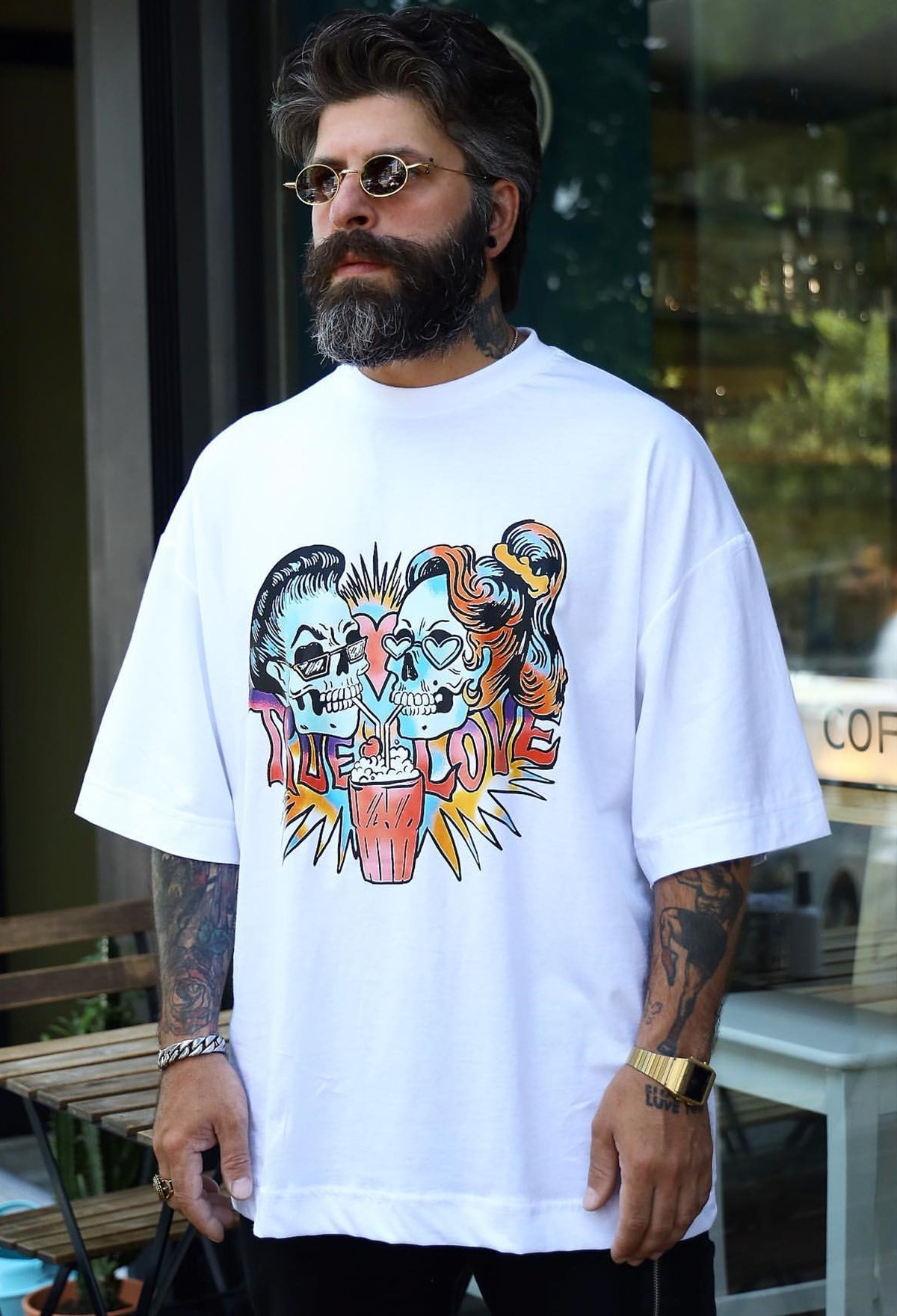 True Love Kurukafa Oversize T-Shirt Beyaz