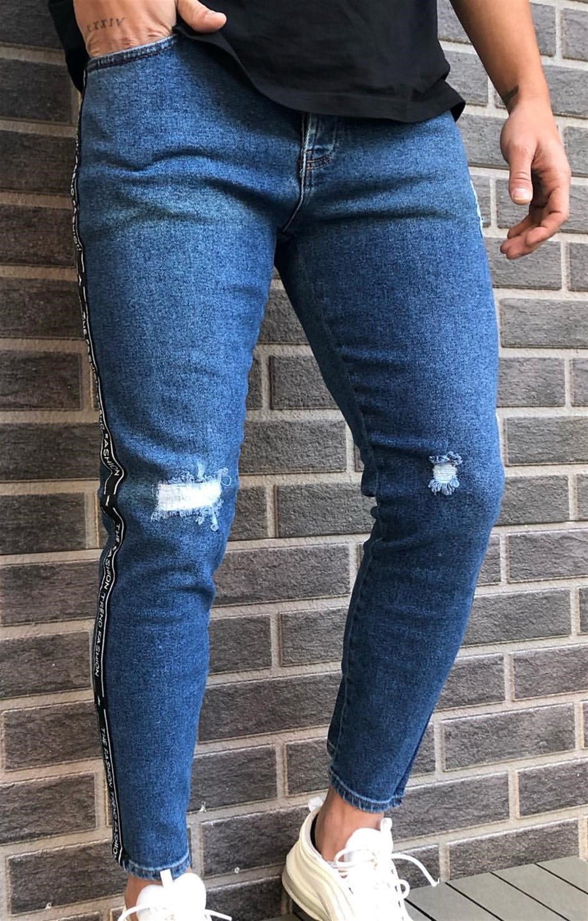 Yandan Şeritli Yırtık Detay Skinny Jeans Mavi
