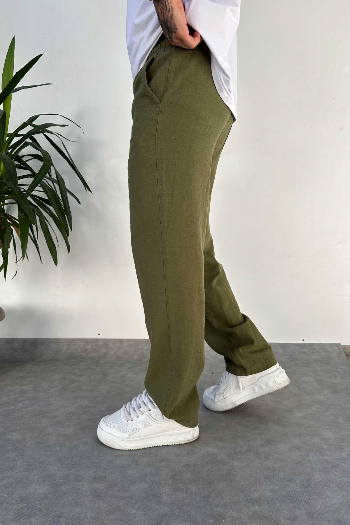 Yeşil Baggy Kalıp Keten Pantolon