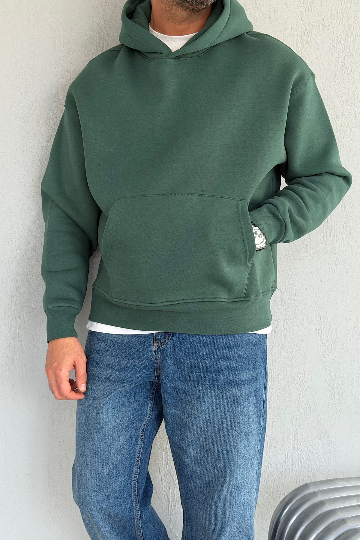Yeşil Basic Kapşonlu Sweatshirt