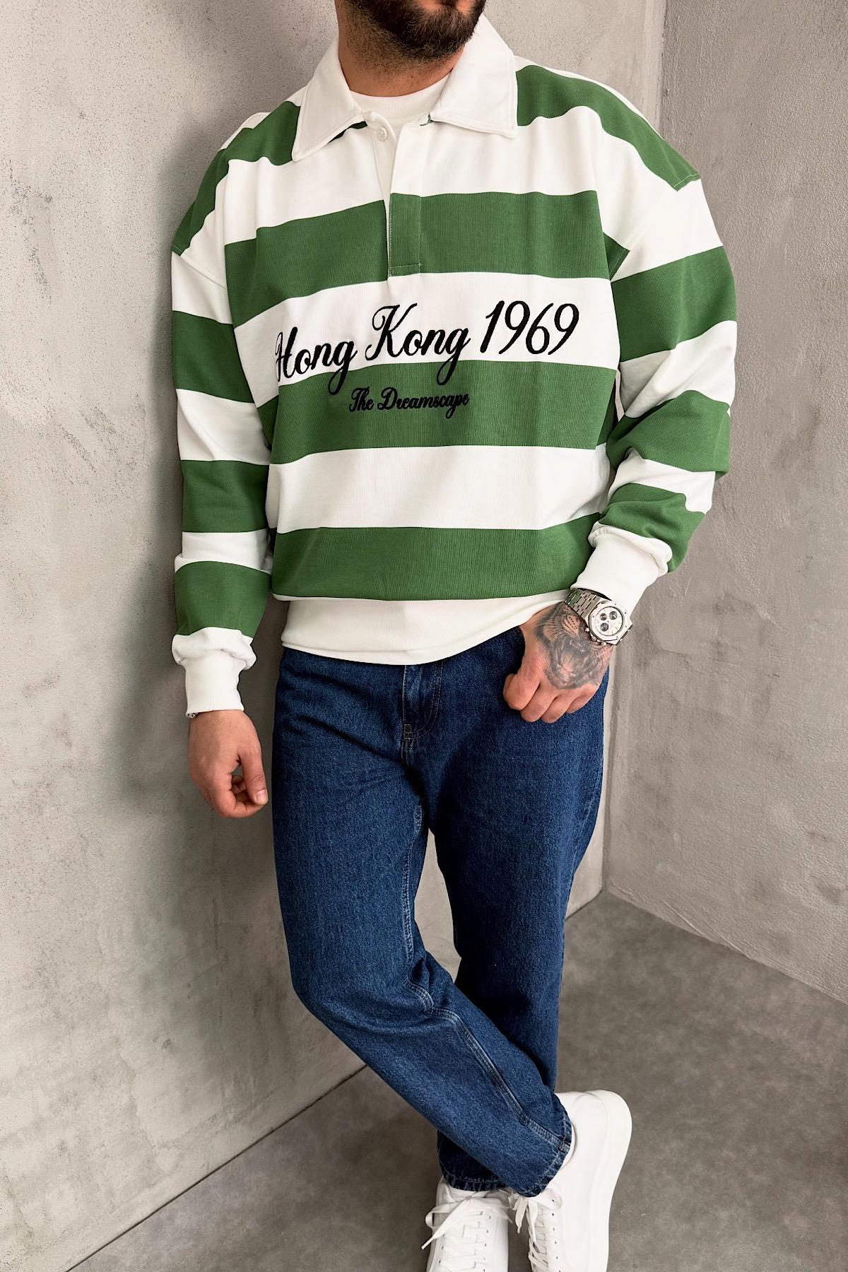 Yeşil Beyaz Çizgili Polo Yaka Sweatshirt