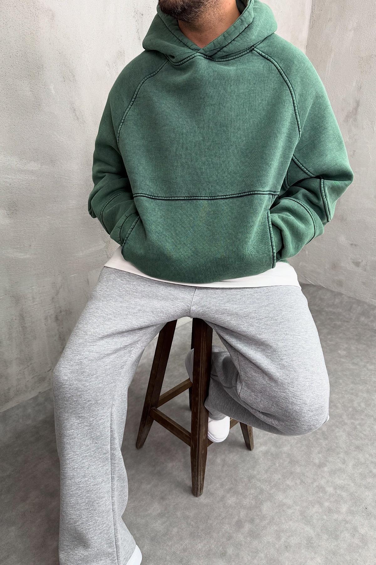 Yeşil Yıkamalı Kapşonlu Sweatshirt