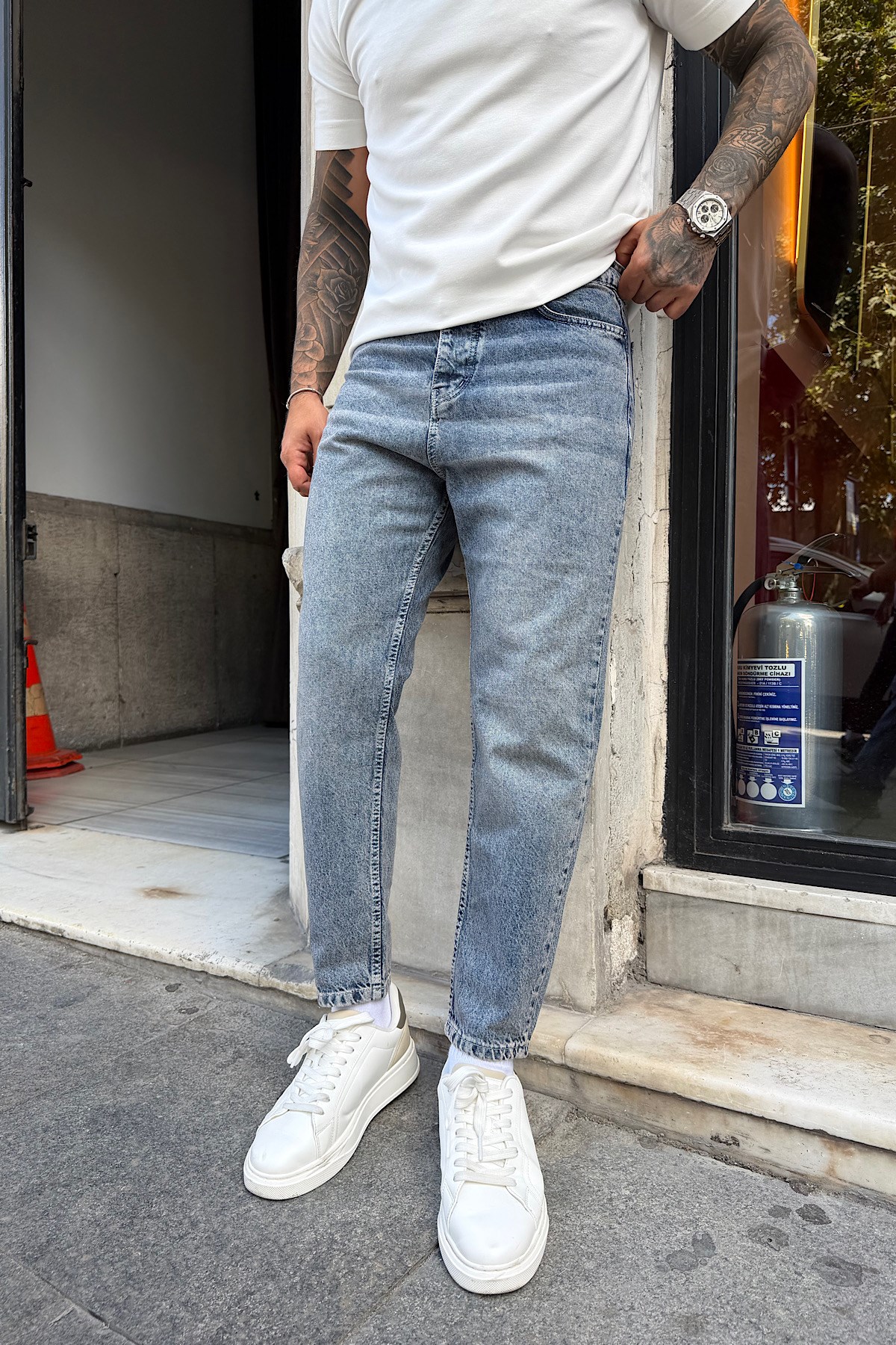 Yıkamalı Açık Mavi Boyfriend Pantolon 