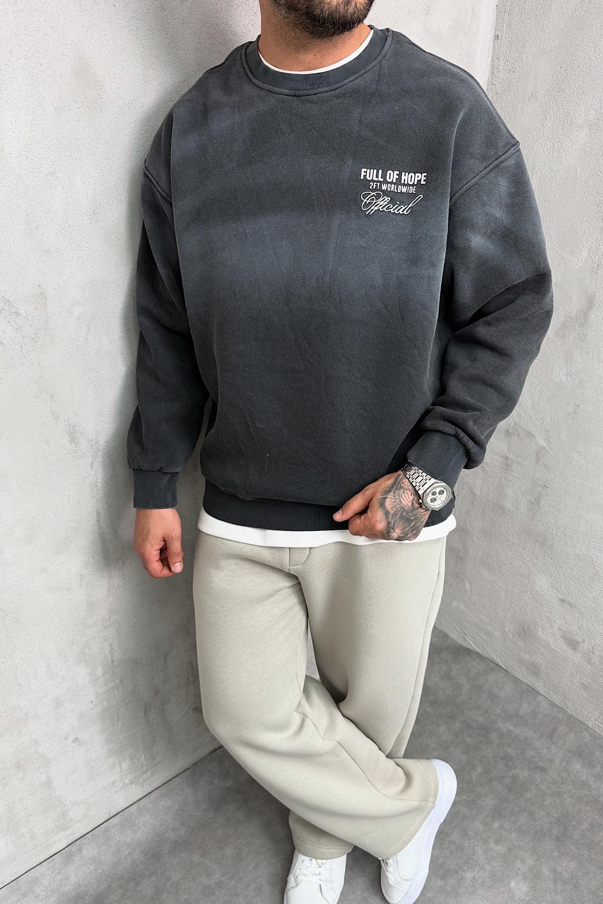 Yıkamalı Antrasit Baskılı Sweatshirt