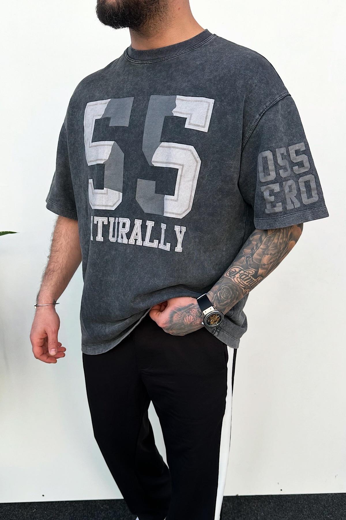 Yıkamalı Gri 55 Oversize T-Shirt