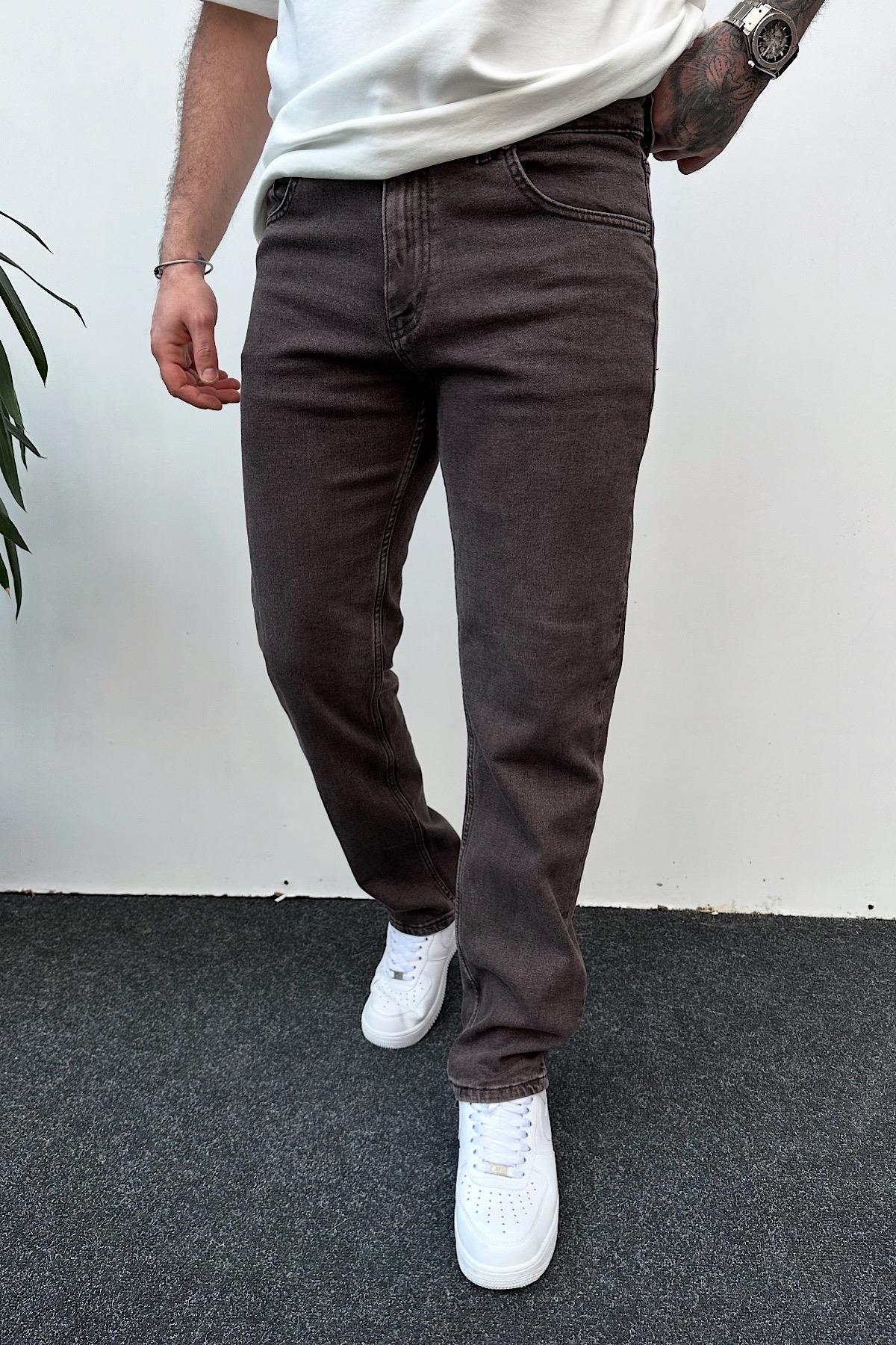 Yıkamalı Kahverengi Relax Fit Jean