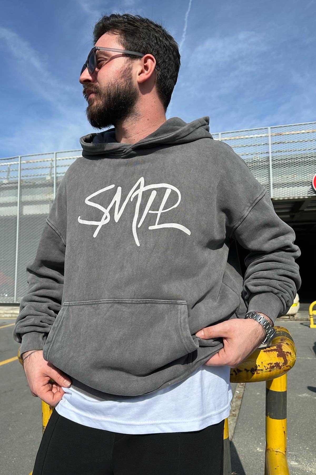 Yıkamlı Tok Kumaş Kapşonlu Swaetshirt