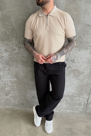 Bej Fermuarlı Çizgili Polo Yaka T-Shirt