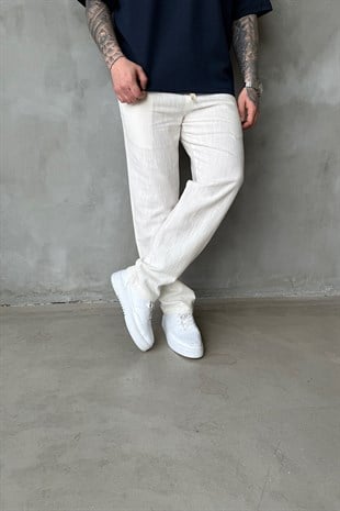 Beyaz Baggy Kalıp Keten Pantolon 