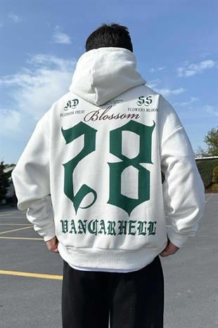 Beyaz Baskılı Kapşonlu 28 Sweatshirt