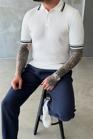 Beyaz Fitilli Polo Yaka T-Shirt