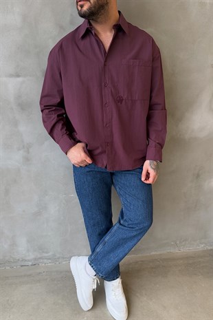 Bordo Keten Oversize Gömlek