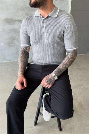 Gri Fitilli Polo Yaka T-Shirt