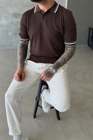 Kahve Fitilli Polo Yaka T-Shirt