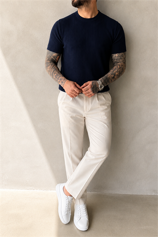 Lacivert Fitilli Basic T-Shirt