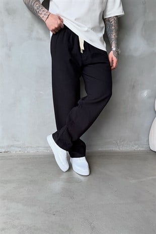 Siyah Baggy Keten Pantolon 