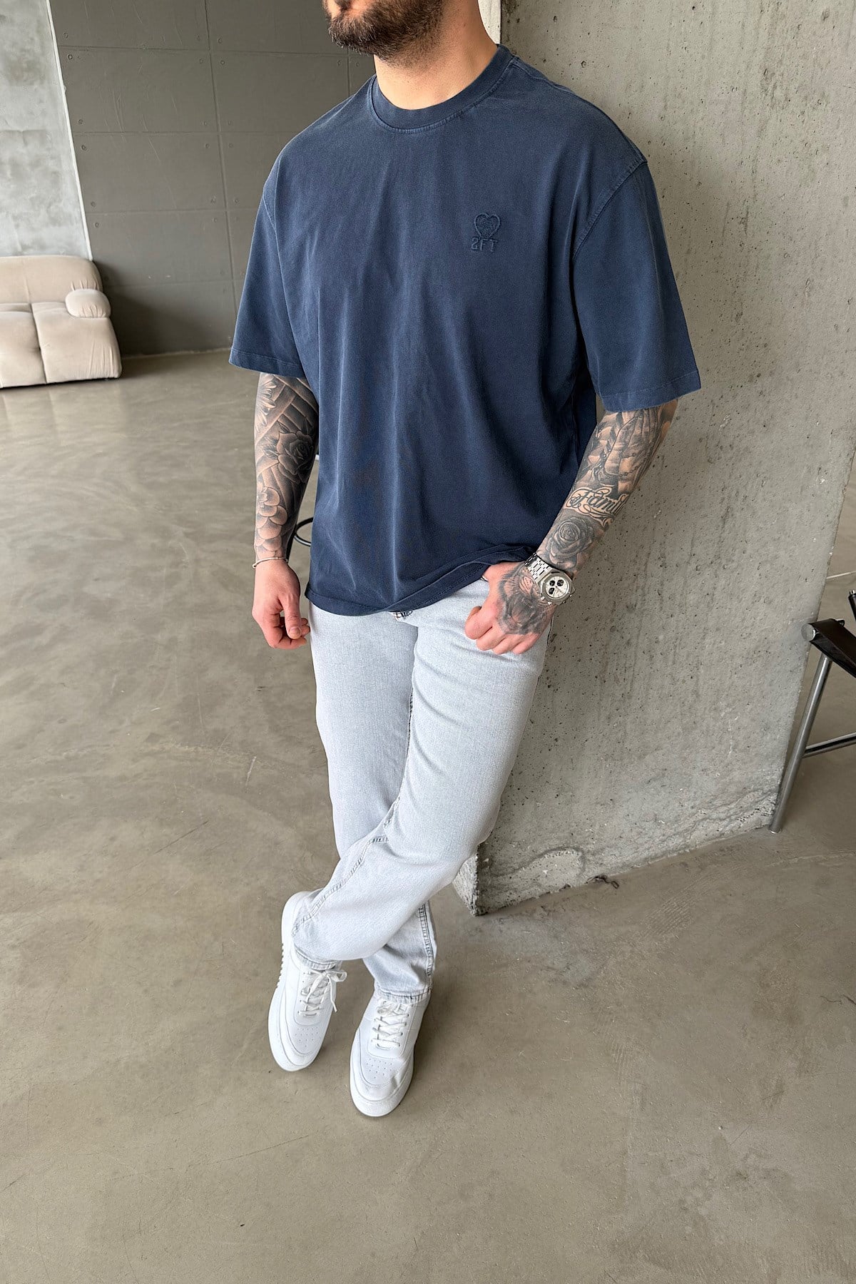 Acid Yıkama Basic Lacivert T-Shirt 