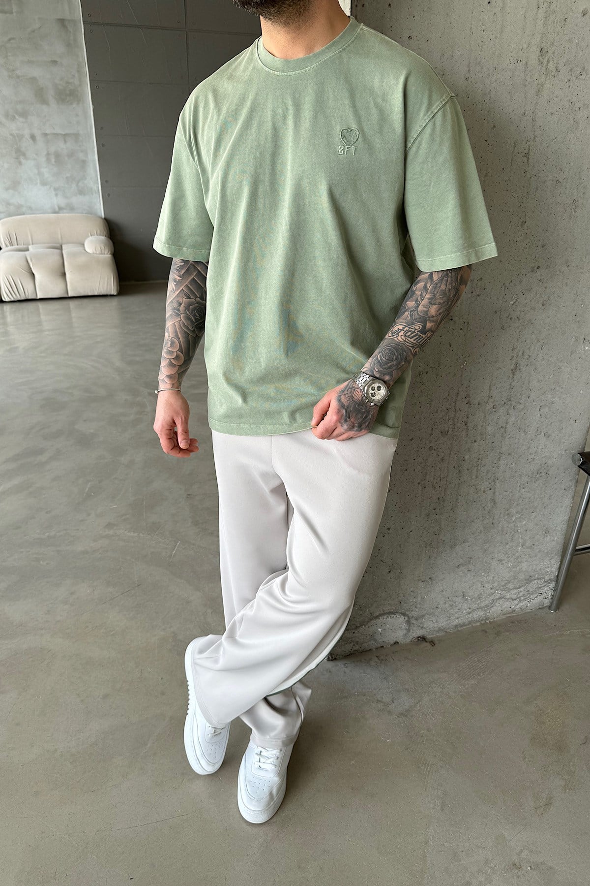 Acid Yıkma Yeşil Basic T-Shirt