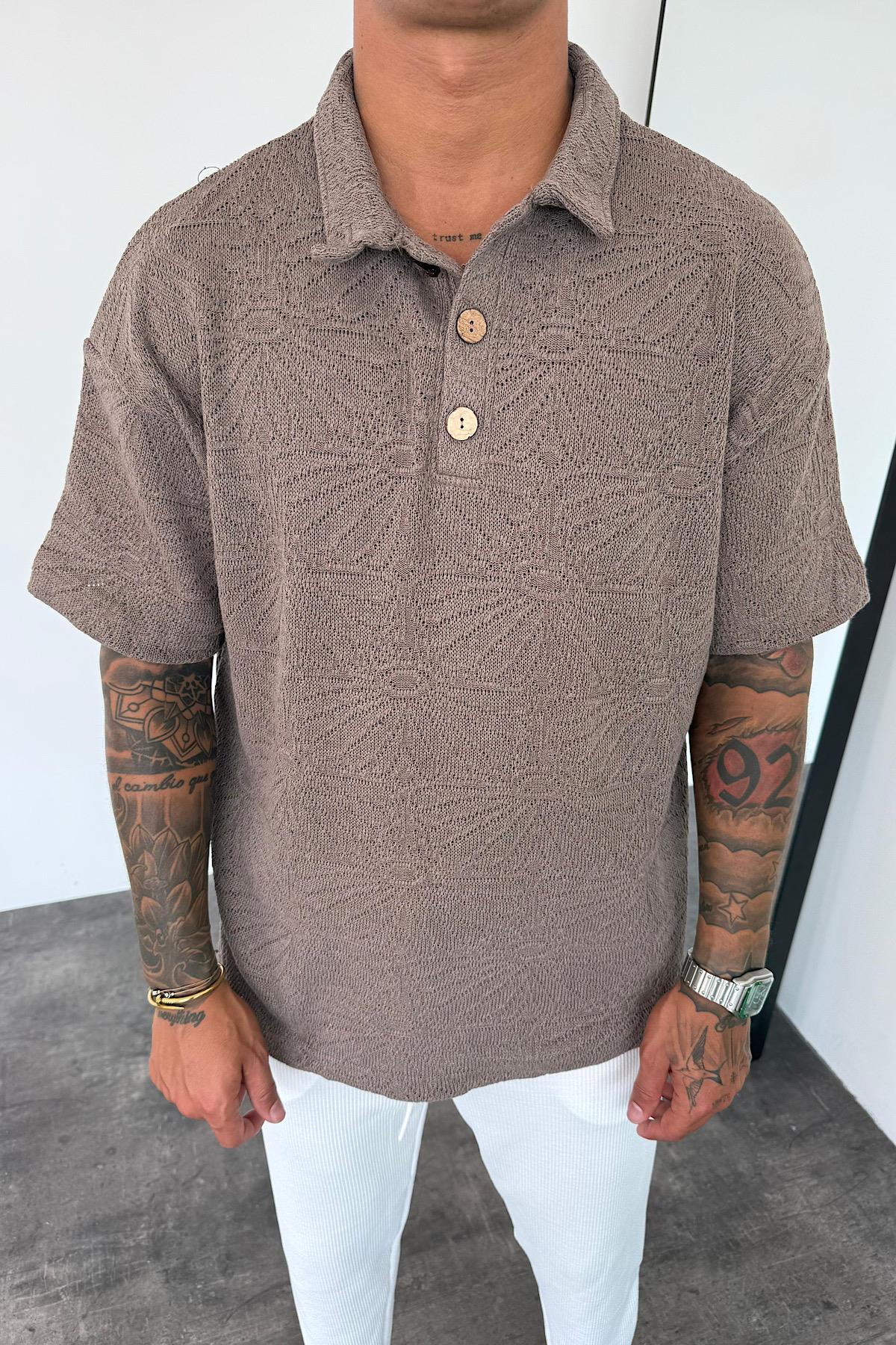 Açık Kahve Desenli Tok Kumaş Polo Yaka T-Shirt