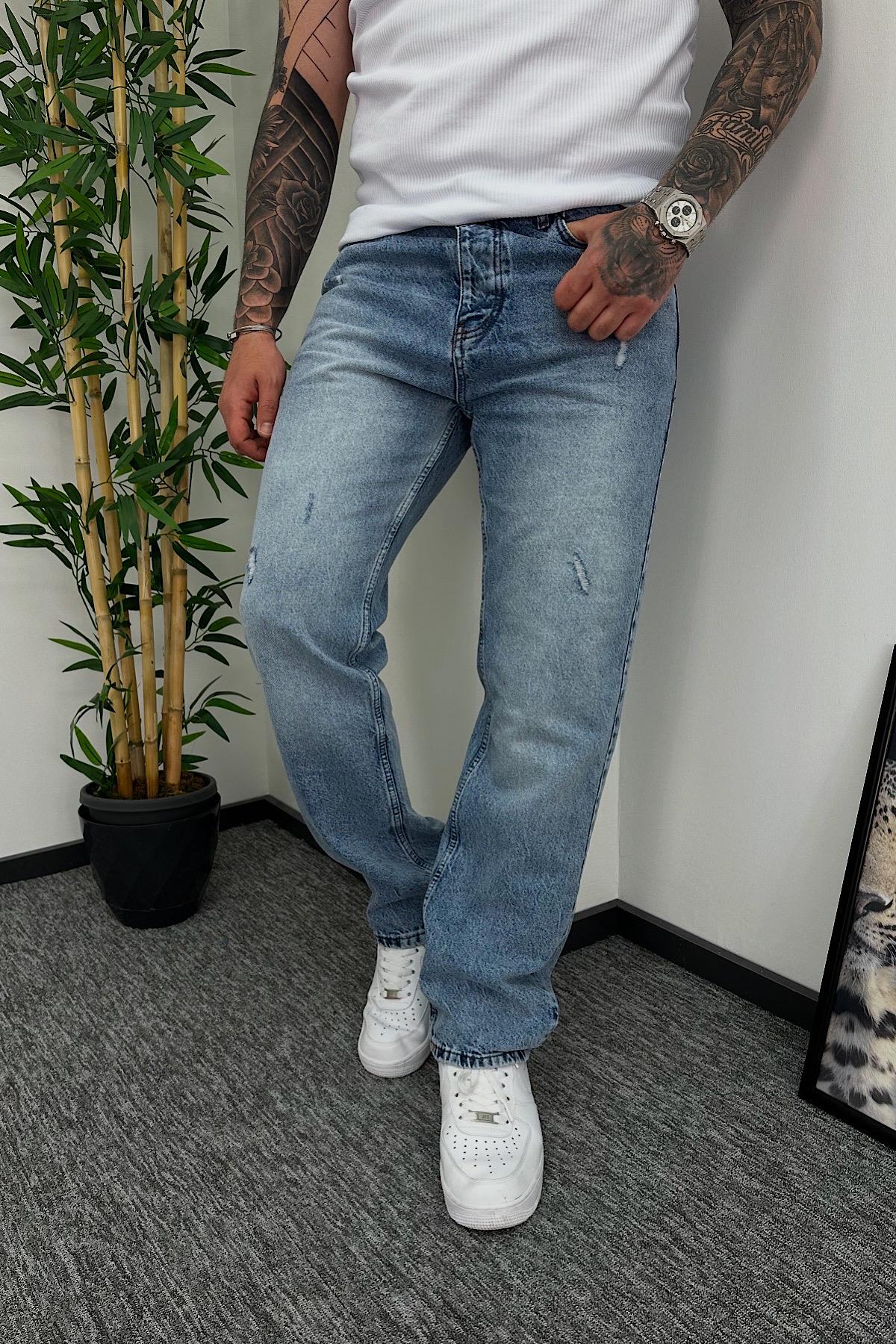 Açık Mavi Yıkamalı Baggy Jean