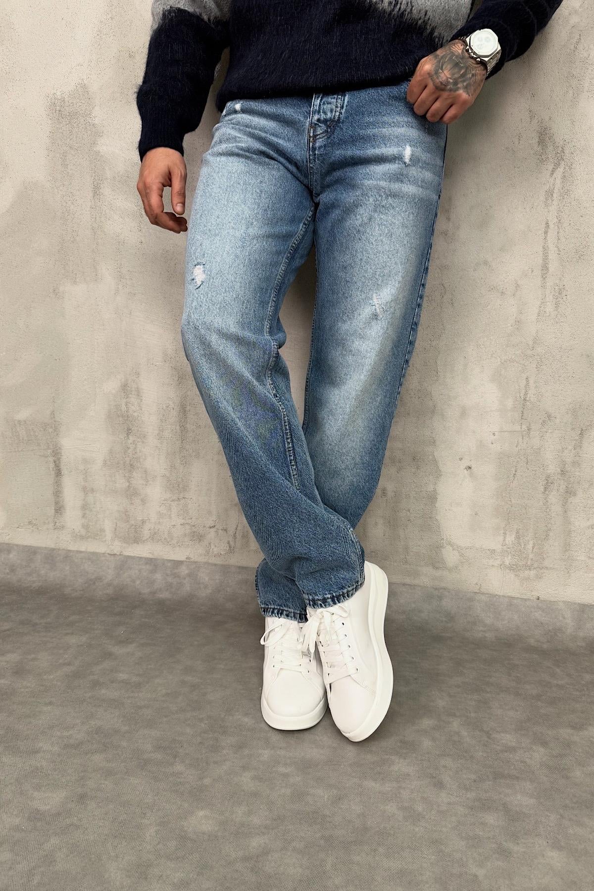 Açık Mavi Yıkamalı Baggy Jean