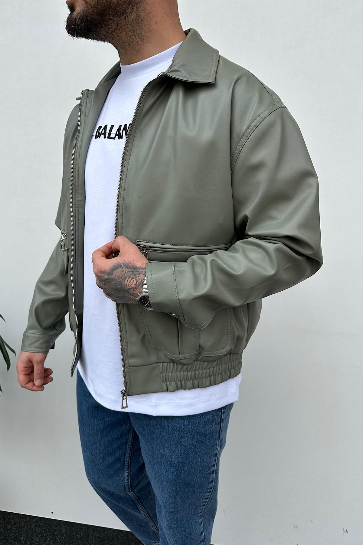 Açık Yeşil Cepli Deri Ceket