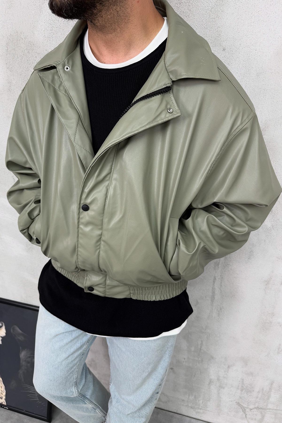 Açık Yeşili Deri Bomber Ceket