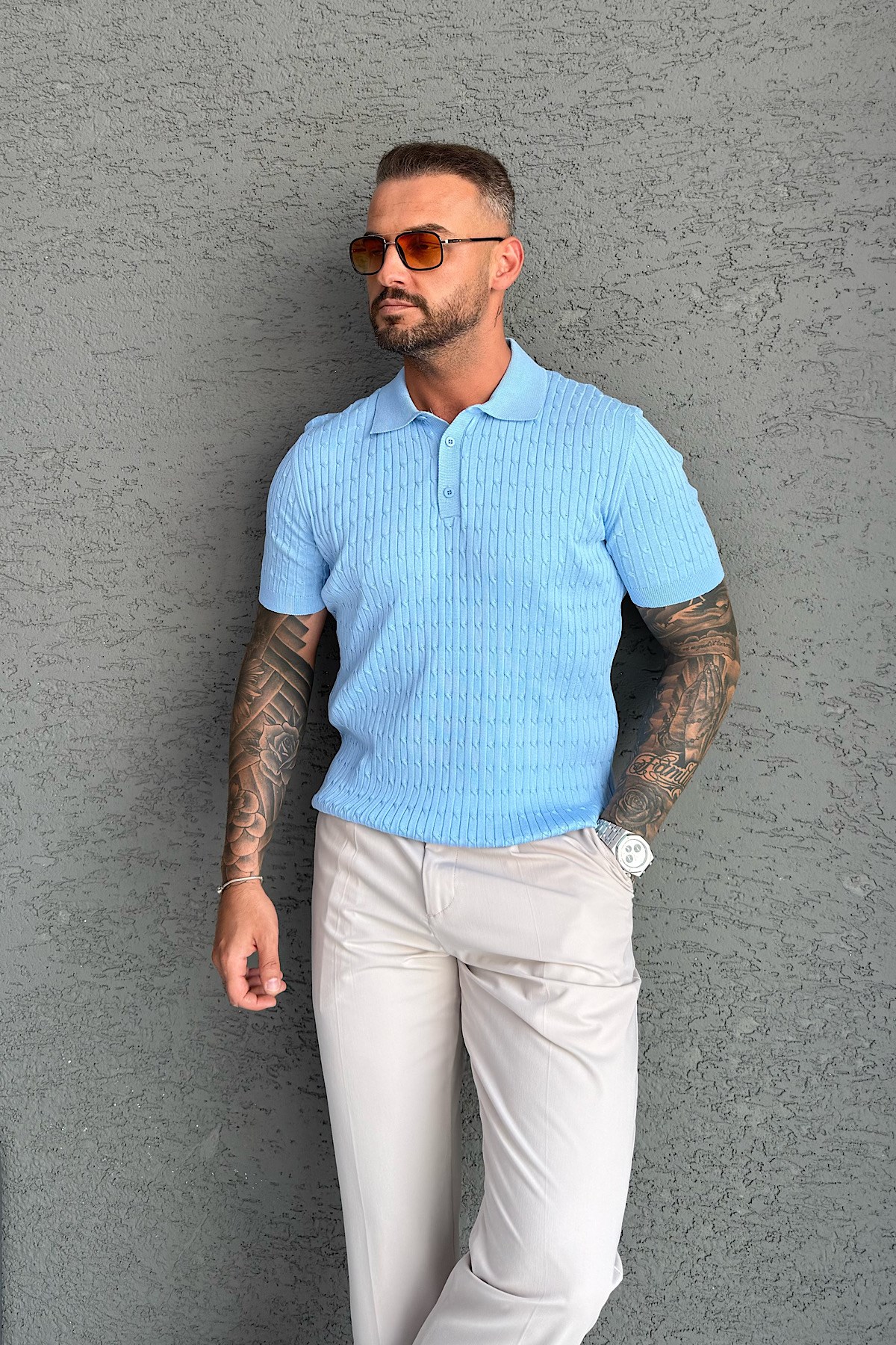 Bebe Mavi Saç Örgü Polo Yaka T-Shirt