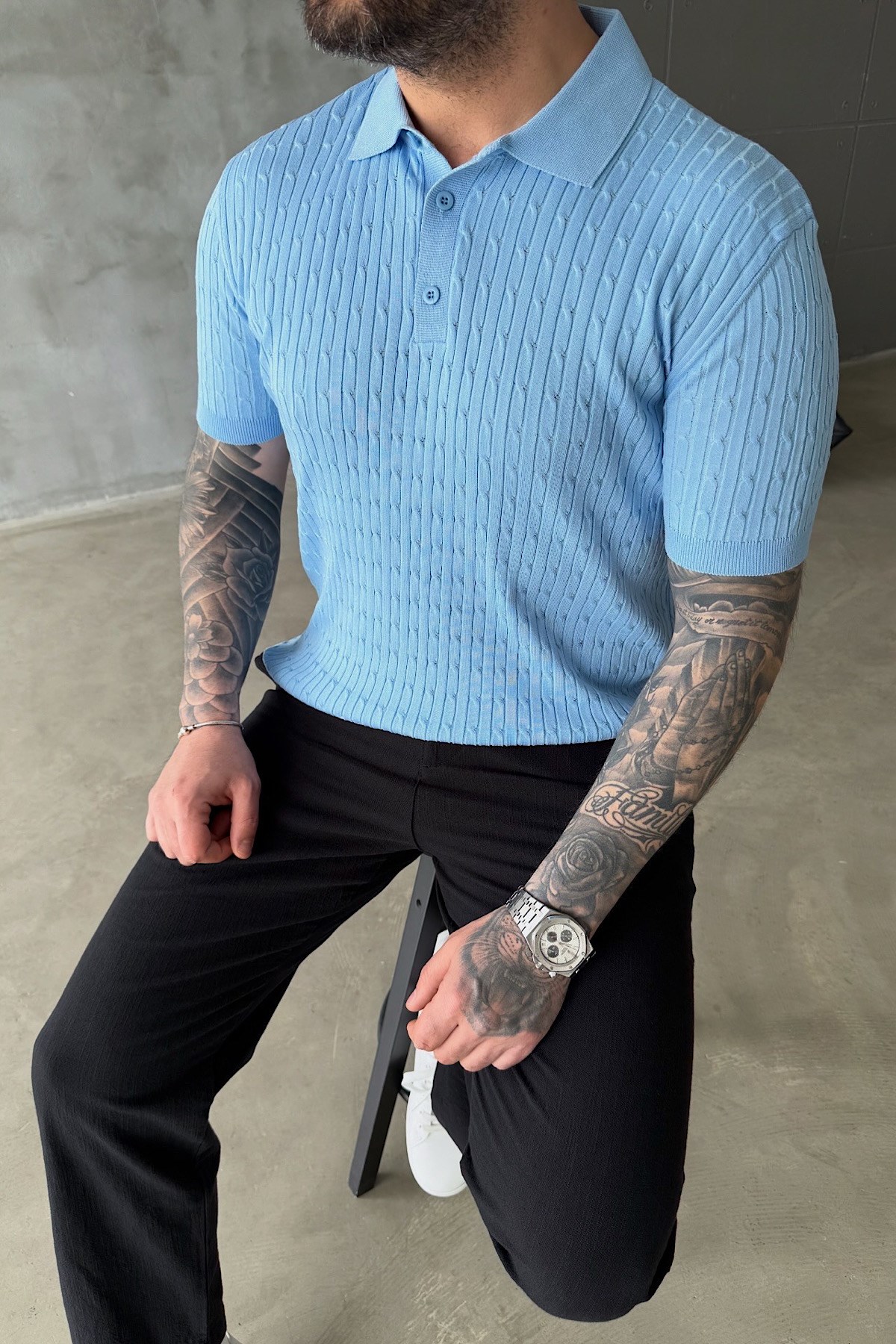 Bebe Mavi Saç Örgü Polo Yaka T-Shirt
