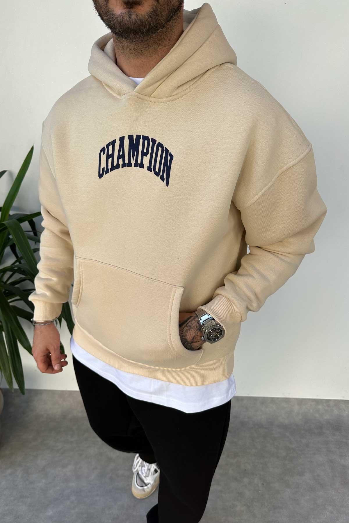 Bej Baskılı Kapşonlu Sweatshirt