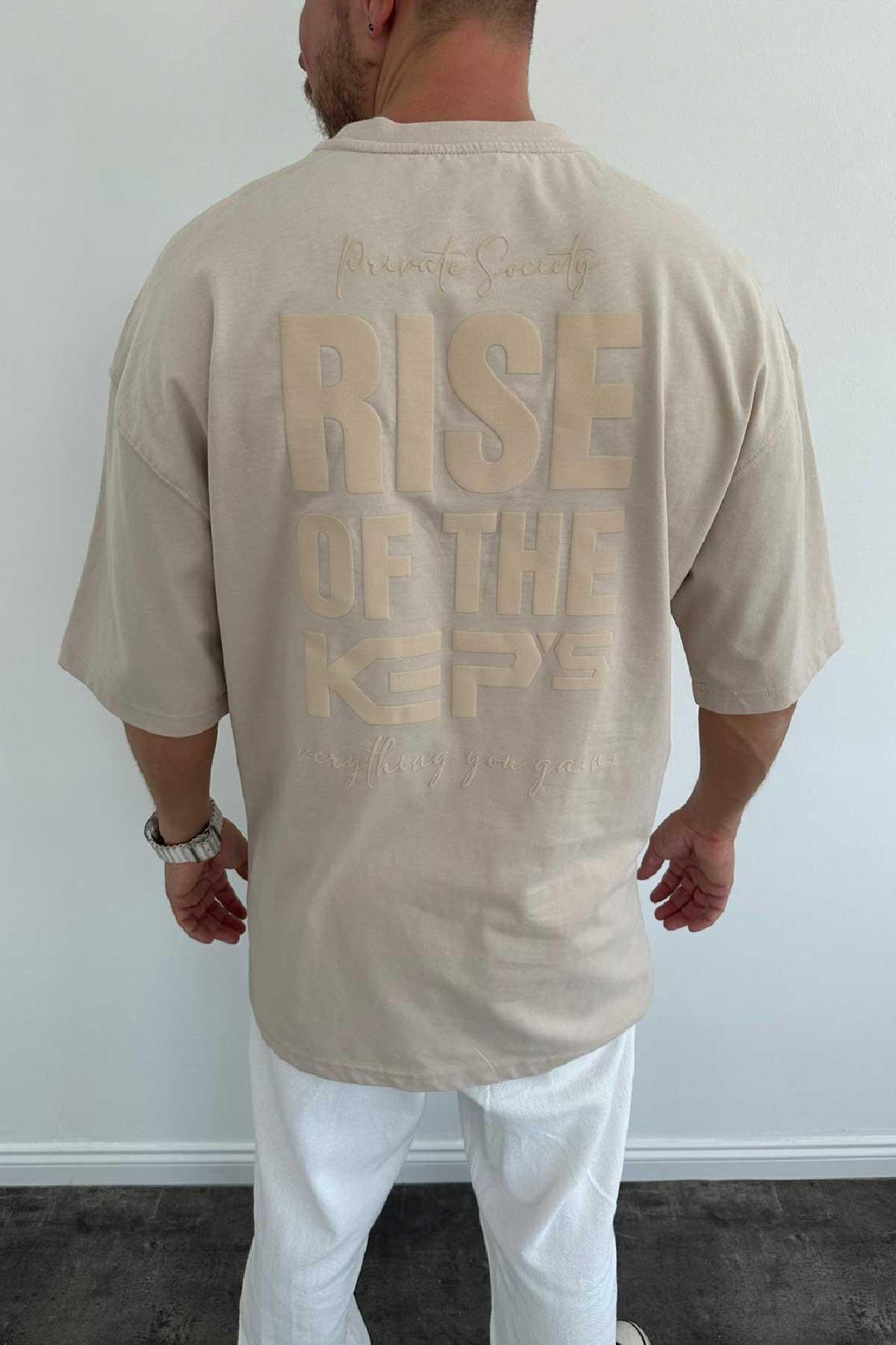 Bej Baskılı Oversize T-Shirt