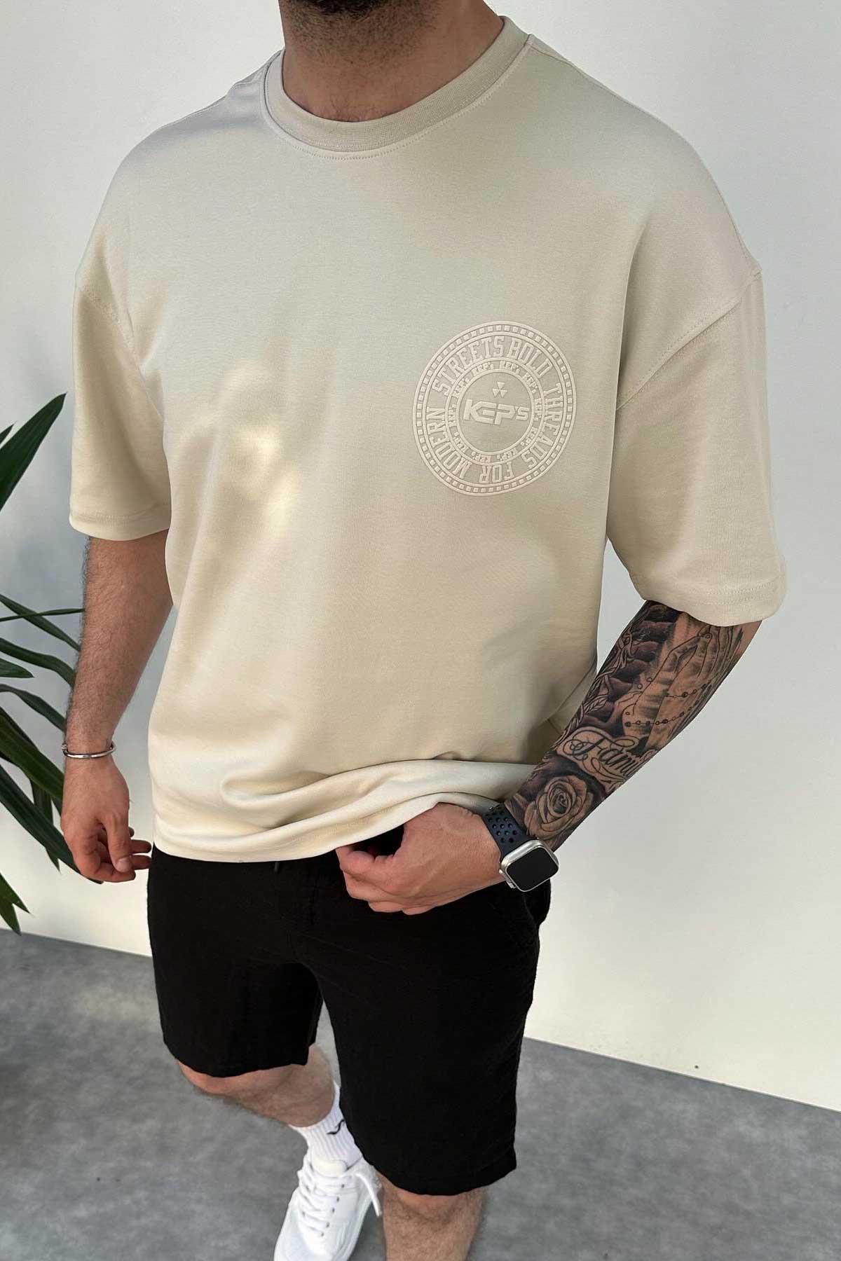 Bej Baskılı Oversize T-Shirt
