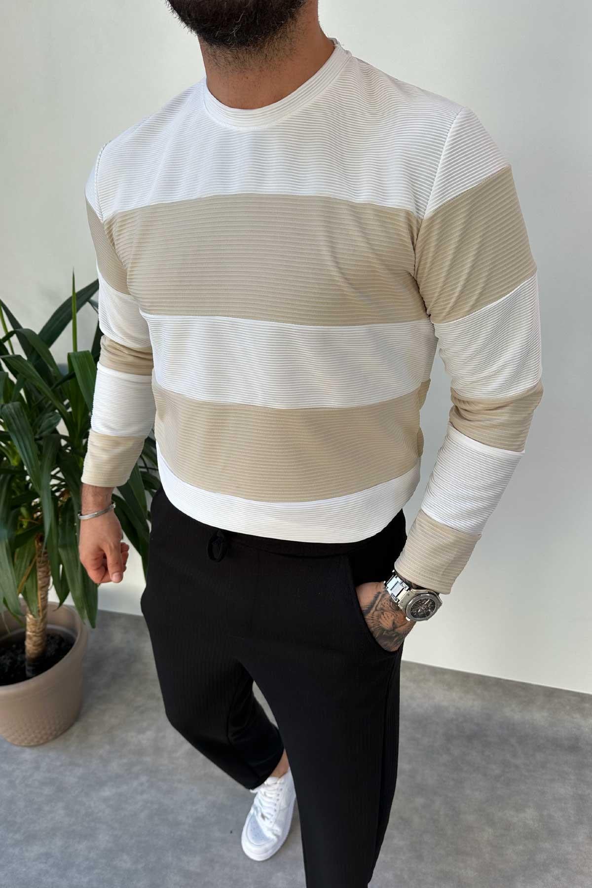 Bej Beyaz Parçalı Fitilli Sweatshirt