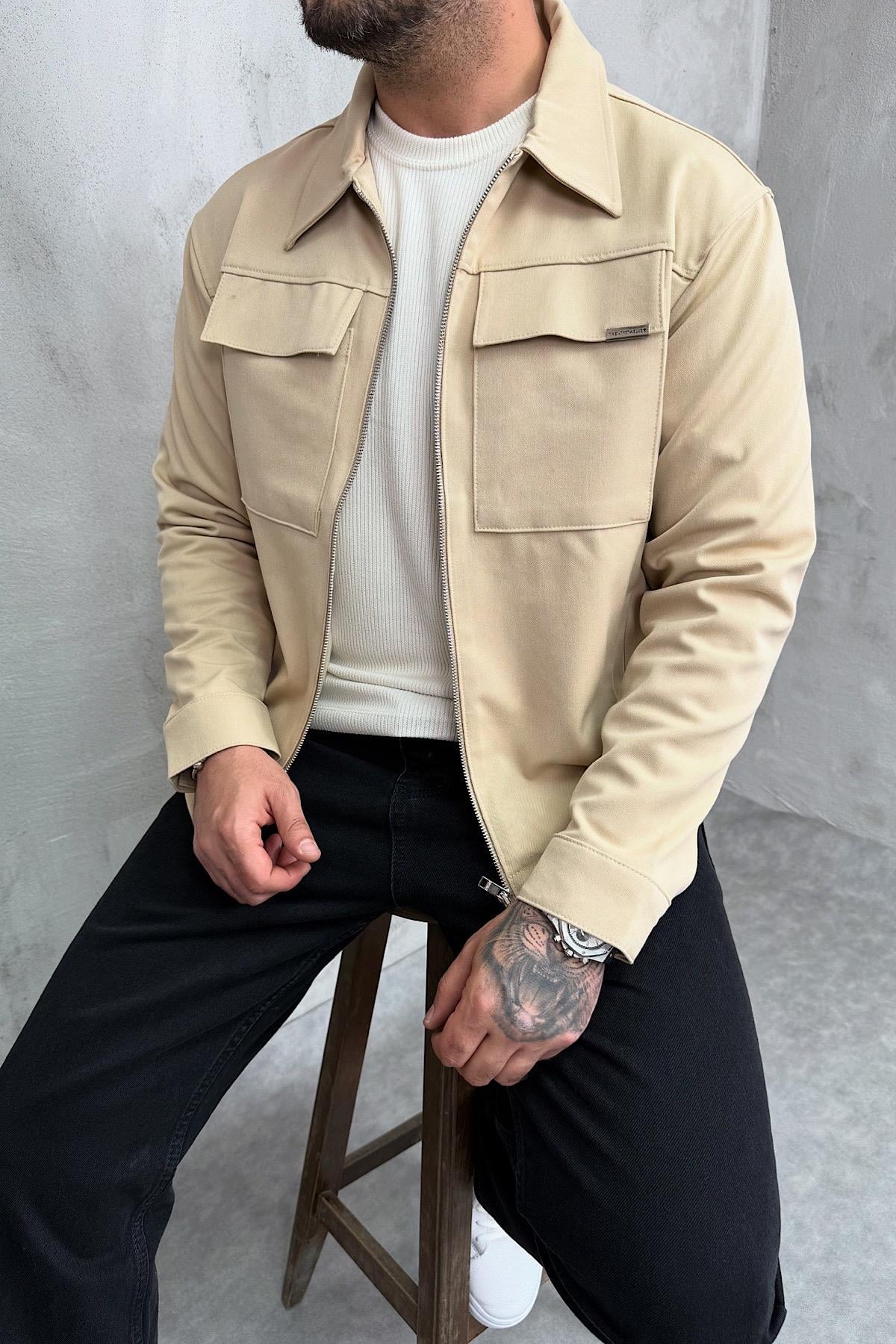 Bej Çift Cepli Boxy Fit Ceket