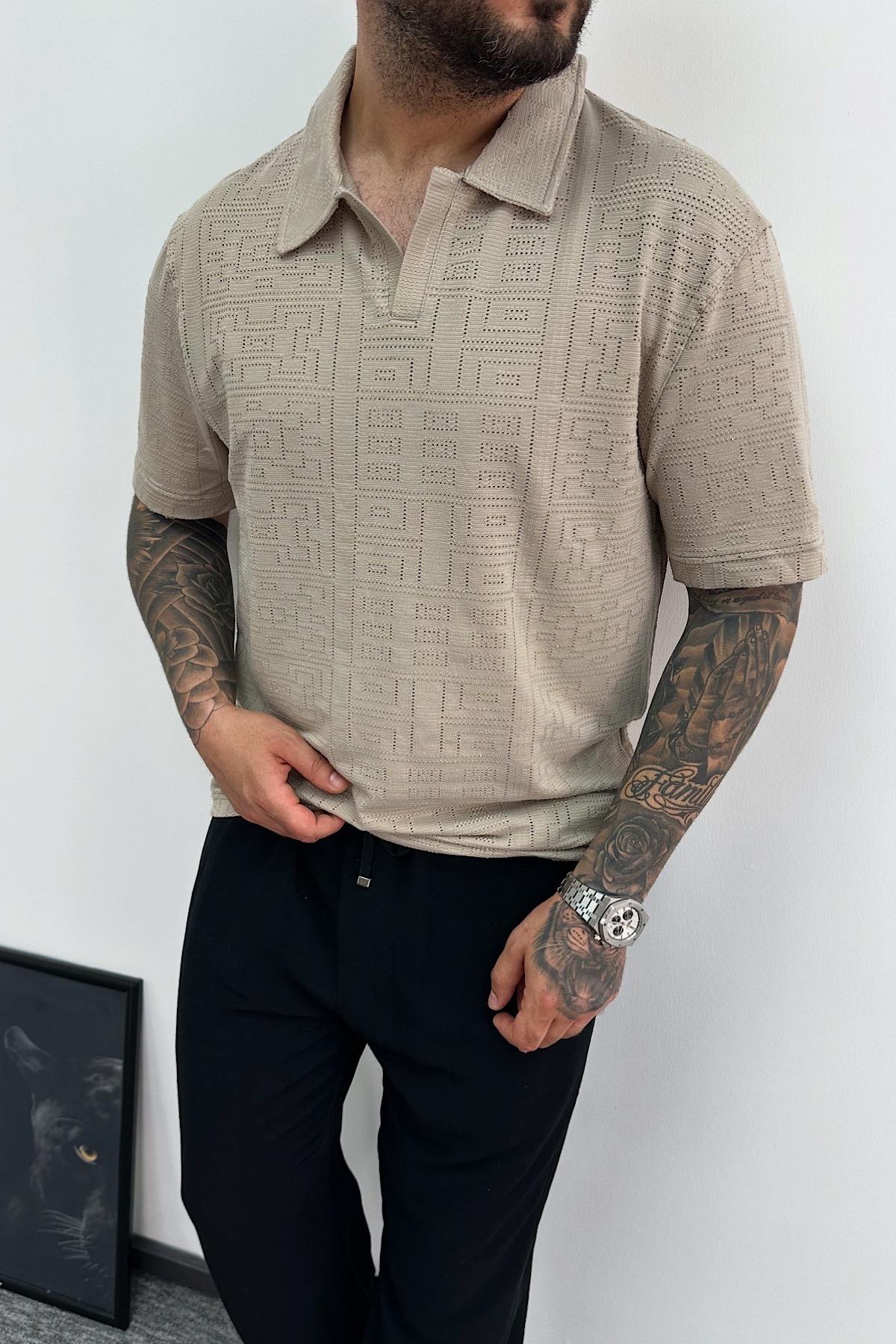 Bej Desenli Polo Yaka T-Shirt