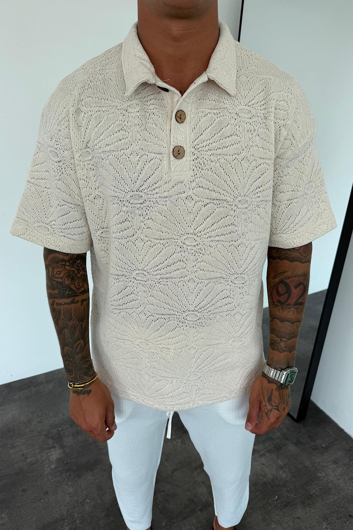 Bej Desenli Tok Kumaş Polo Yaka T-Shirt