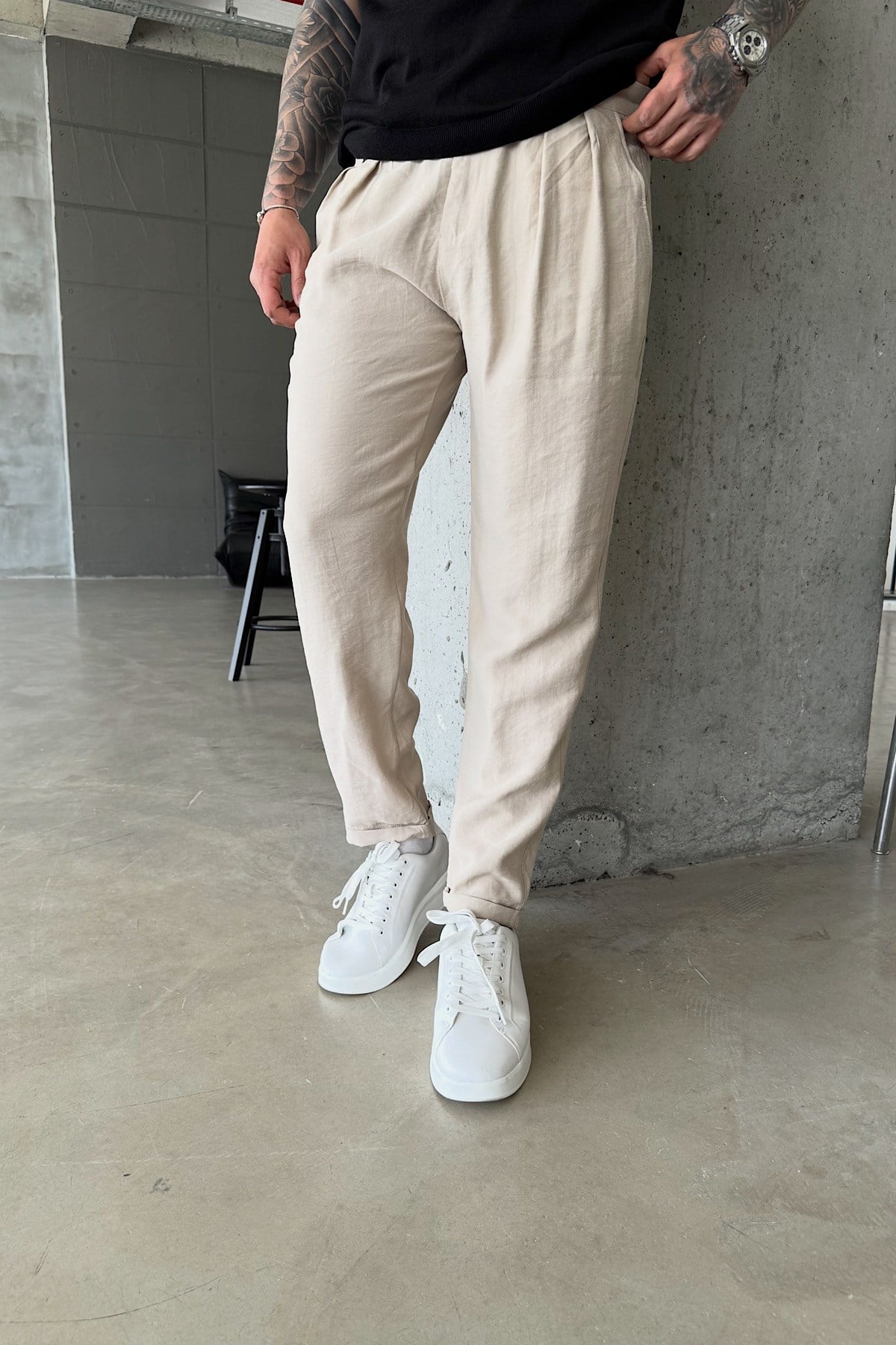 Bej Duble Paça Tensel Kumaş Boyfriend Pantolon