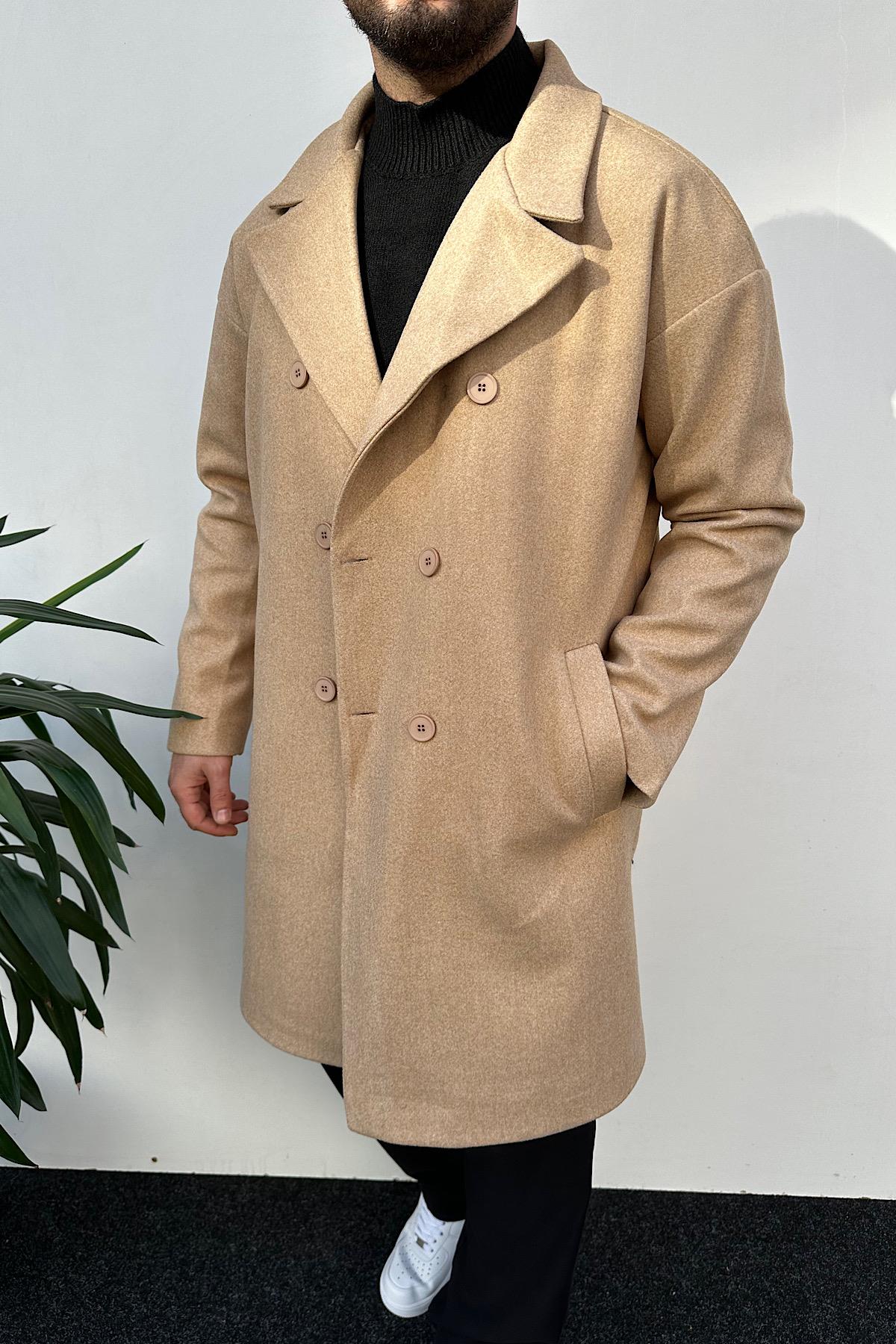 Bej Düğmeli Premium Kaşe Kaban