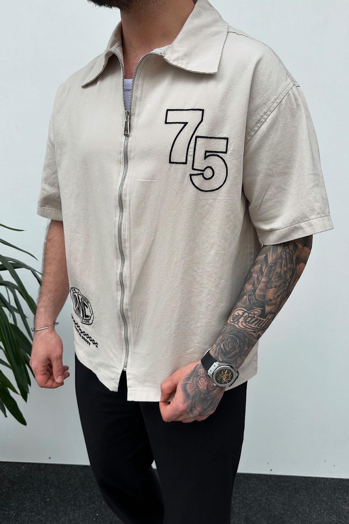 Bej Fermuarlı Kısa Kollu Gabardin Gömlek