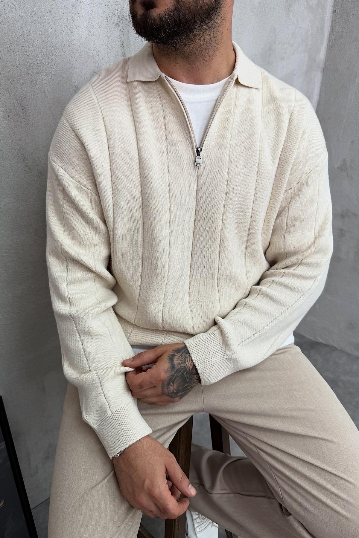 Bej Fermuarlı Polo Yaka Triko