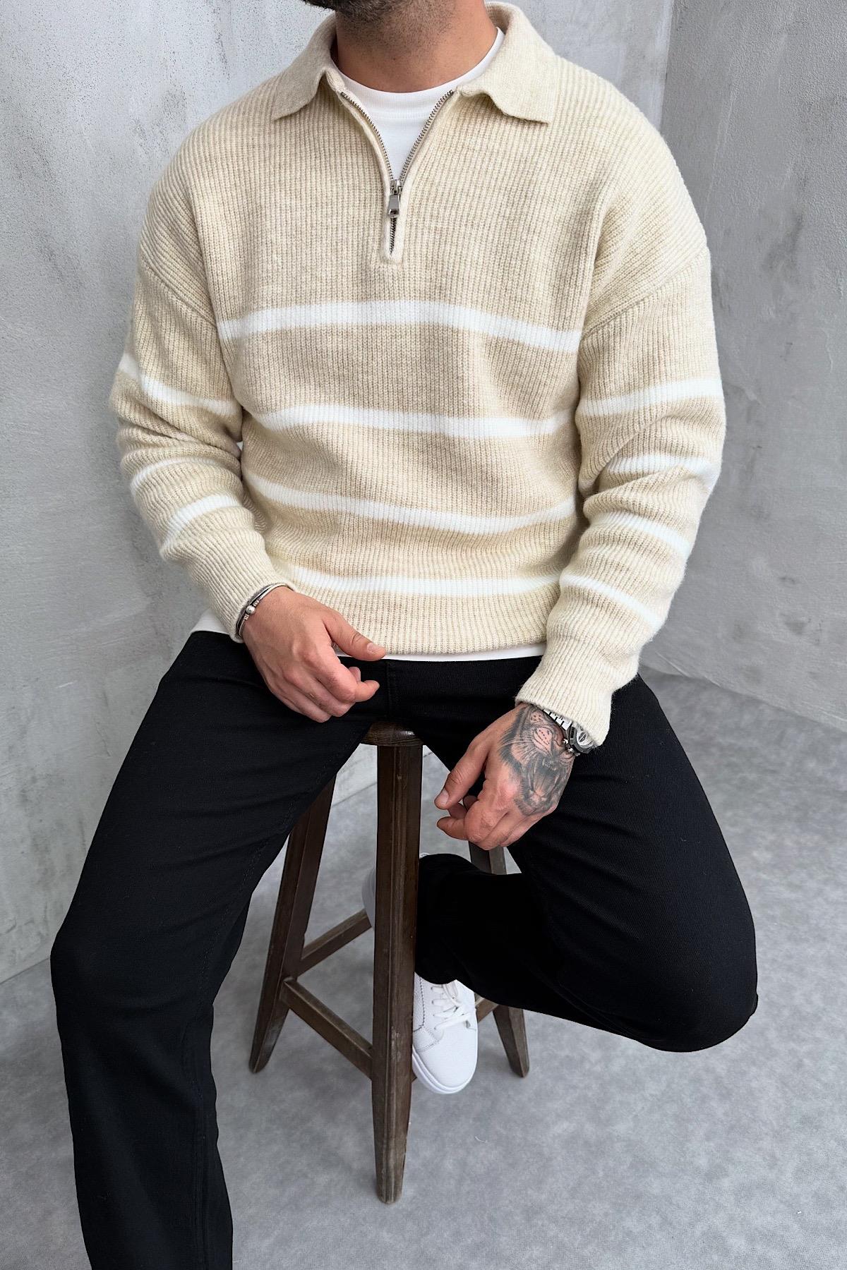 Bej Fermuarlı Triko Kazak