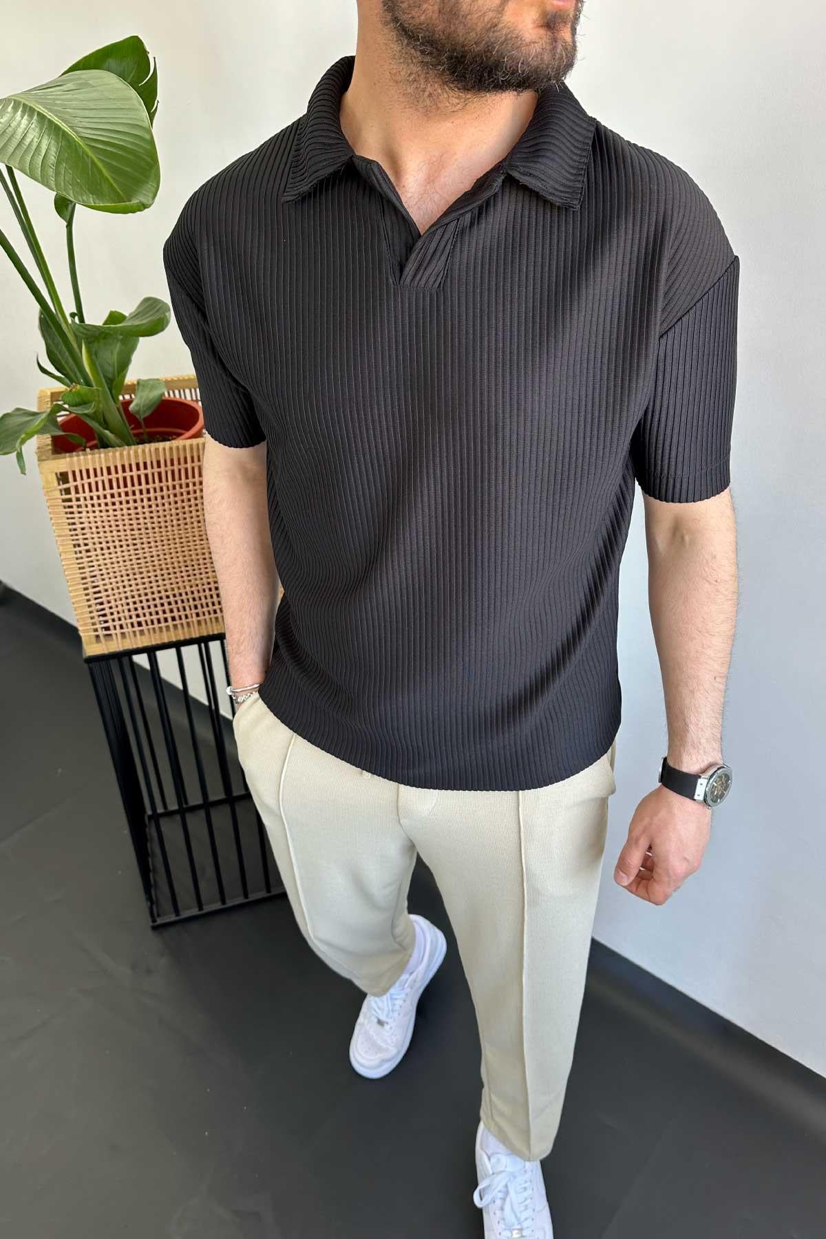 Bej Fitilli Polo Yaka T-Shirt