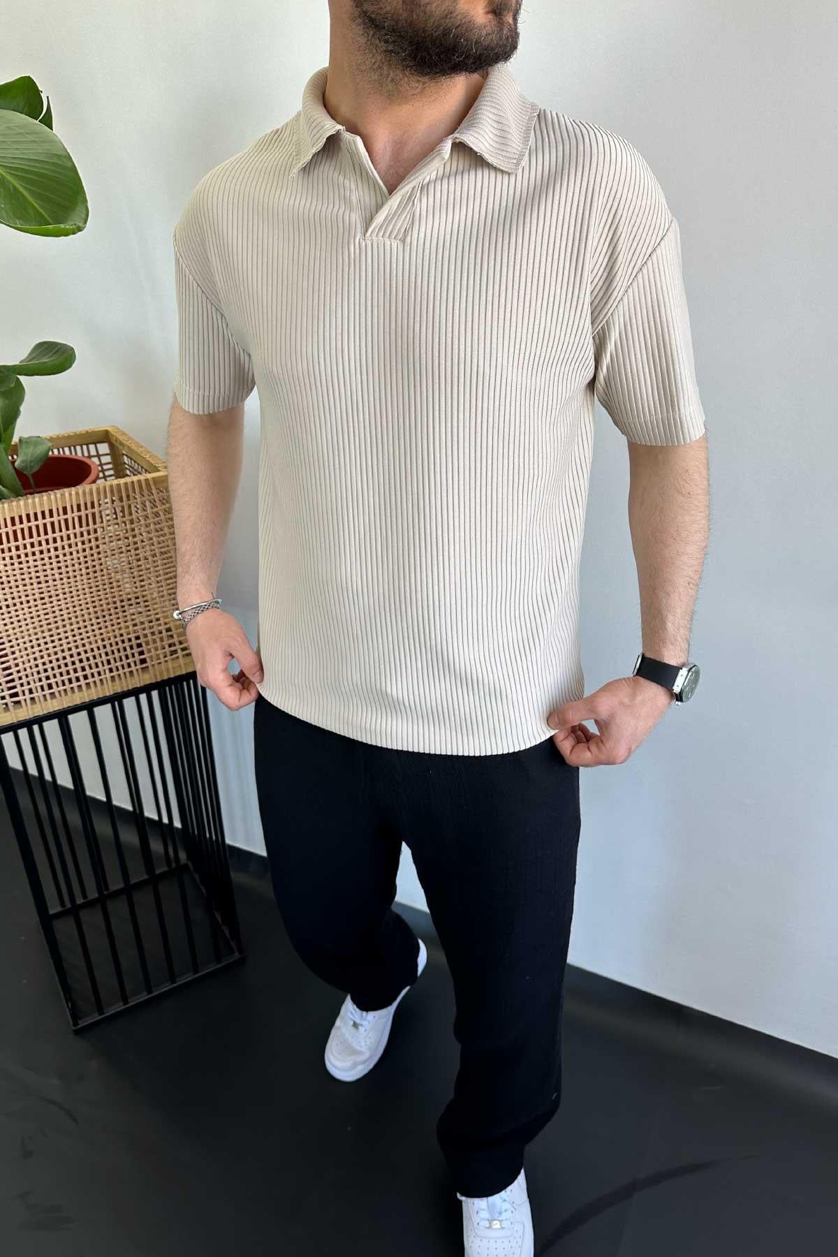 Bej Fitilli Polo Yaka T-Shirt