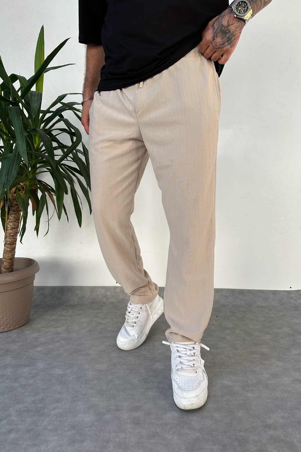 Bej Fitlli Rahat Kalıp Pantolon