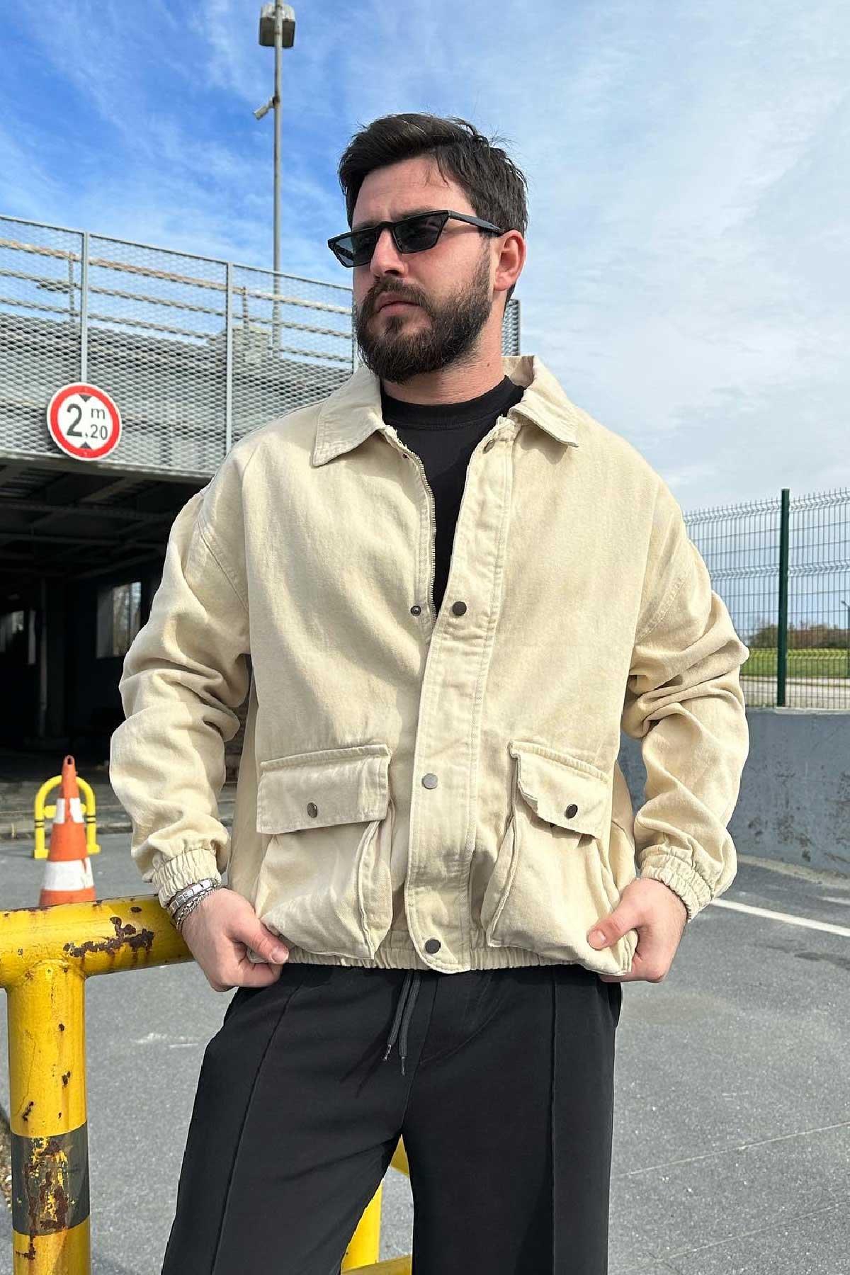 Bej Gabardin Bomber Ceket 